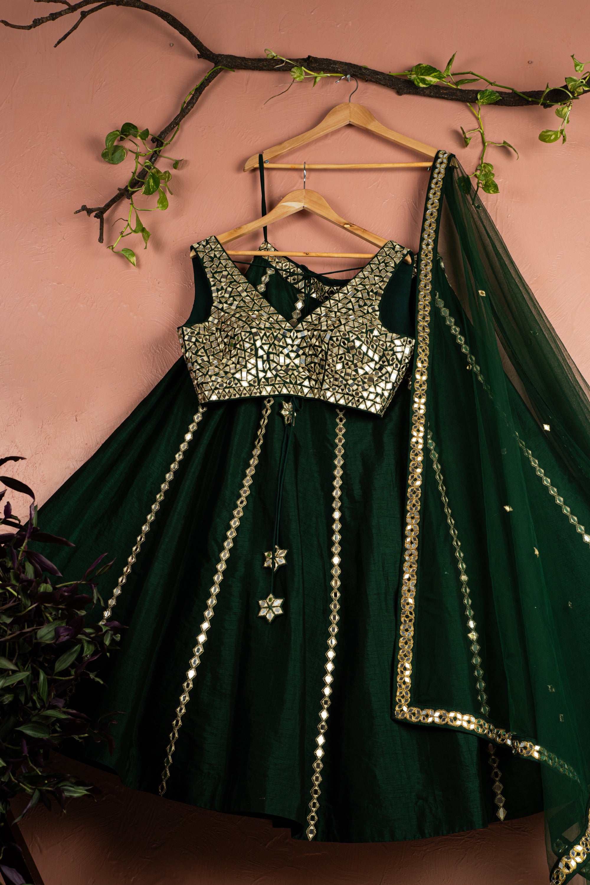 Emerald Green Mirror Work Lehenga Set - mirror work lehenga Australia
