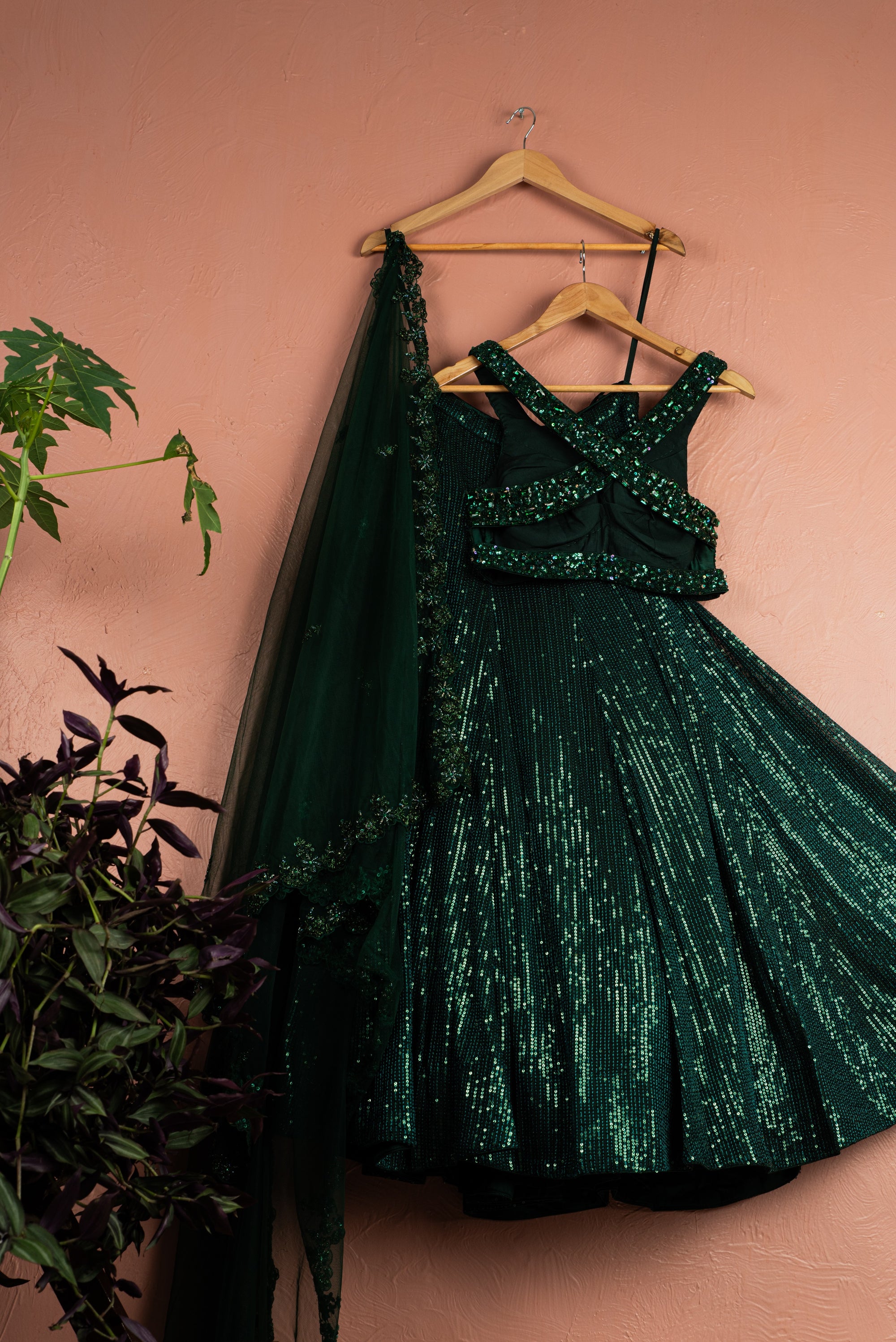 Jade Green Sequin Lehenga Set - dark green lehenga New Zealand
