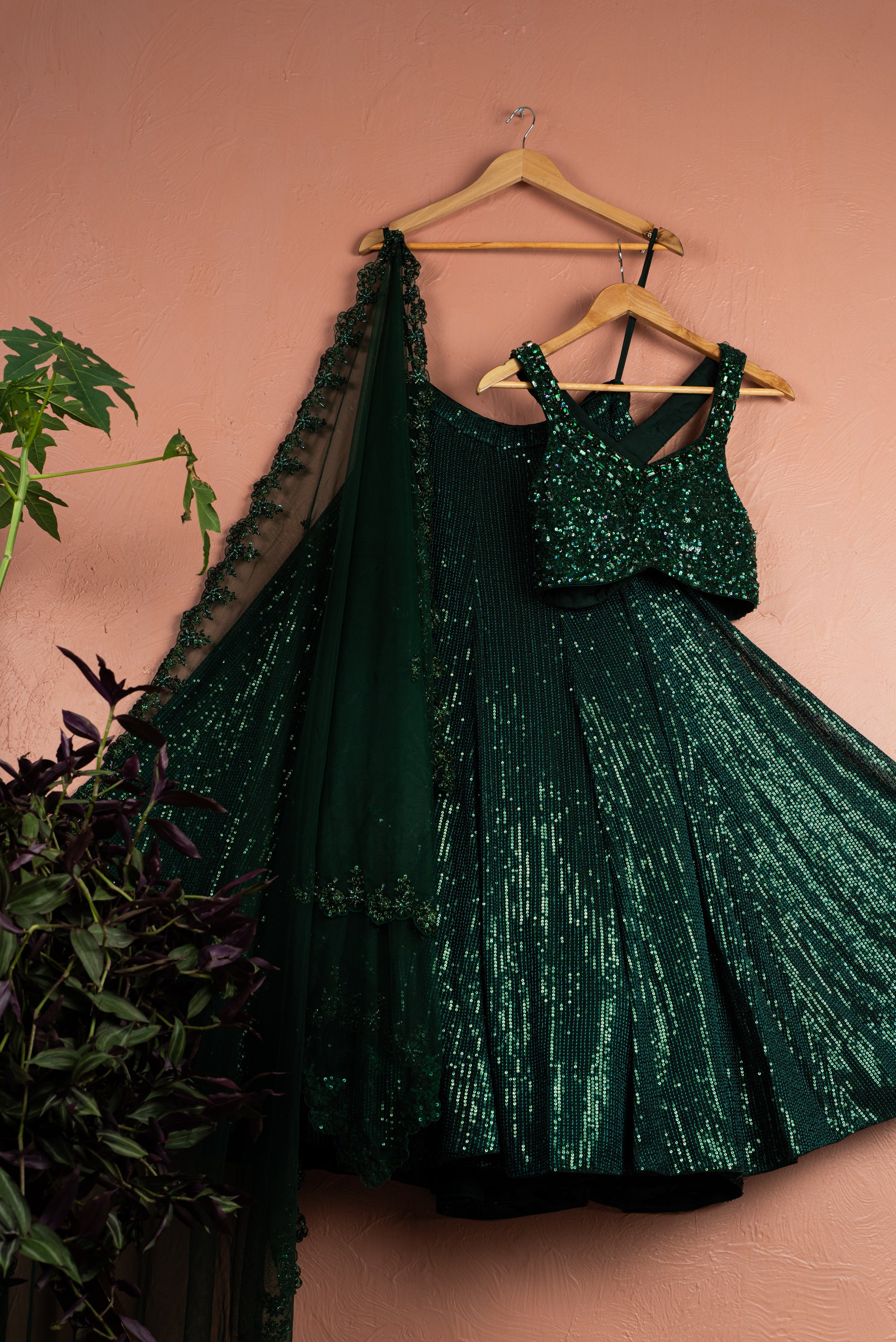 Jade Green Sequin Lehenga Set - dark green lehenga New Zealand