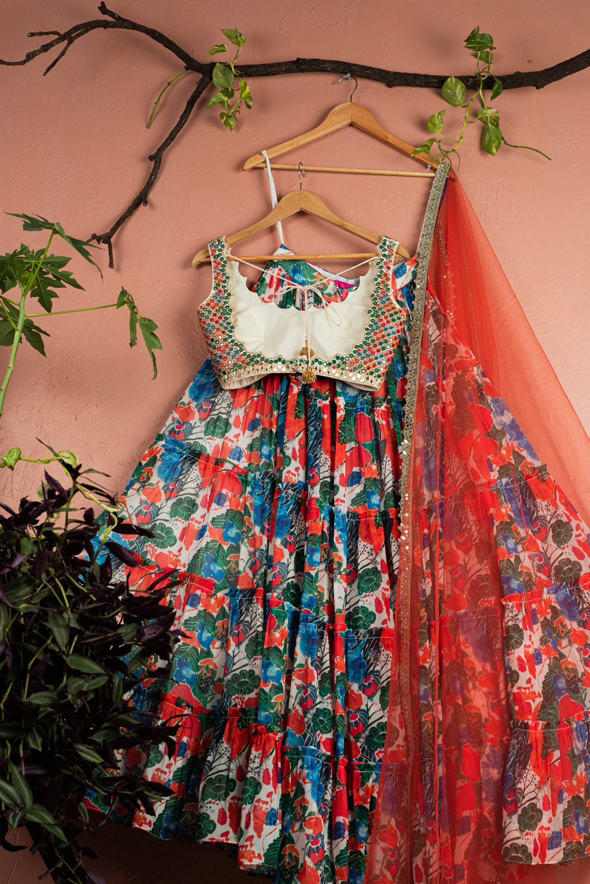 Floral Fiesta Layered Lehenga with Kalidescope Mirrorwork Blouse Set - floral lehenga USA