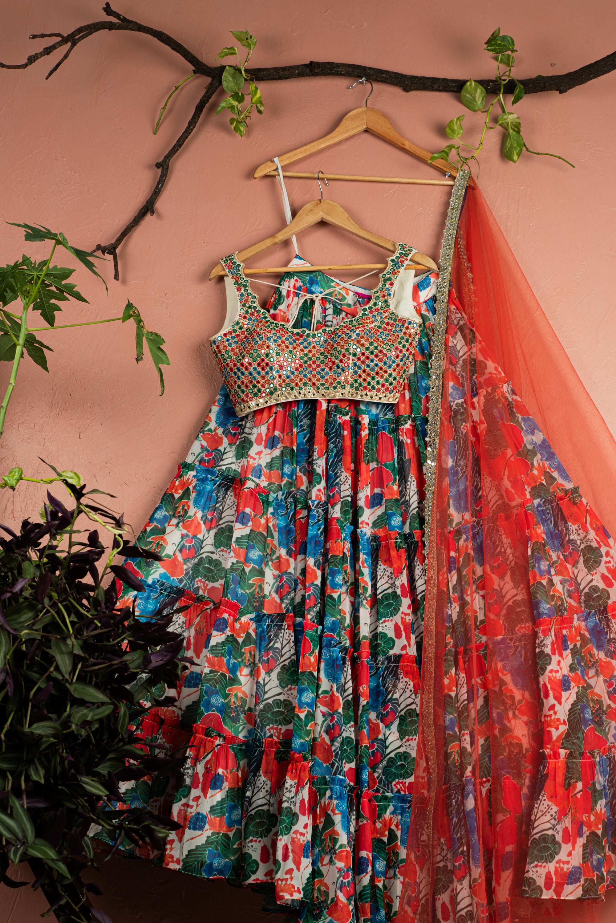 Floral Fiesta Layered Lehenga with Kalidescope Mirrorwork Blouse Set - floral lehenga USA