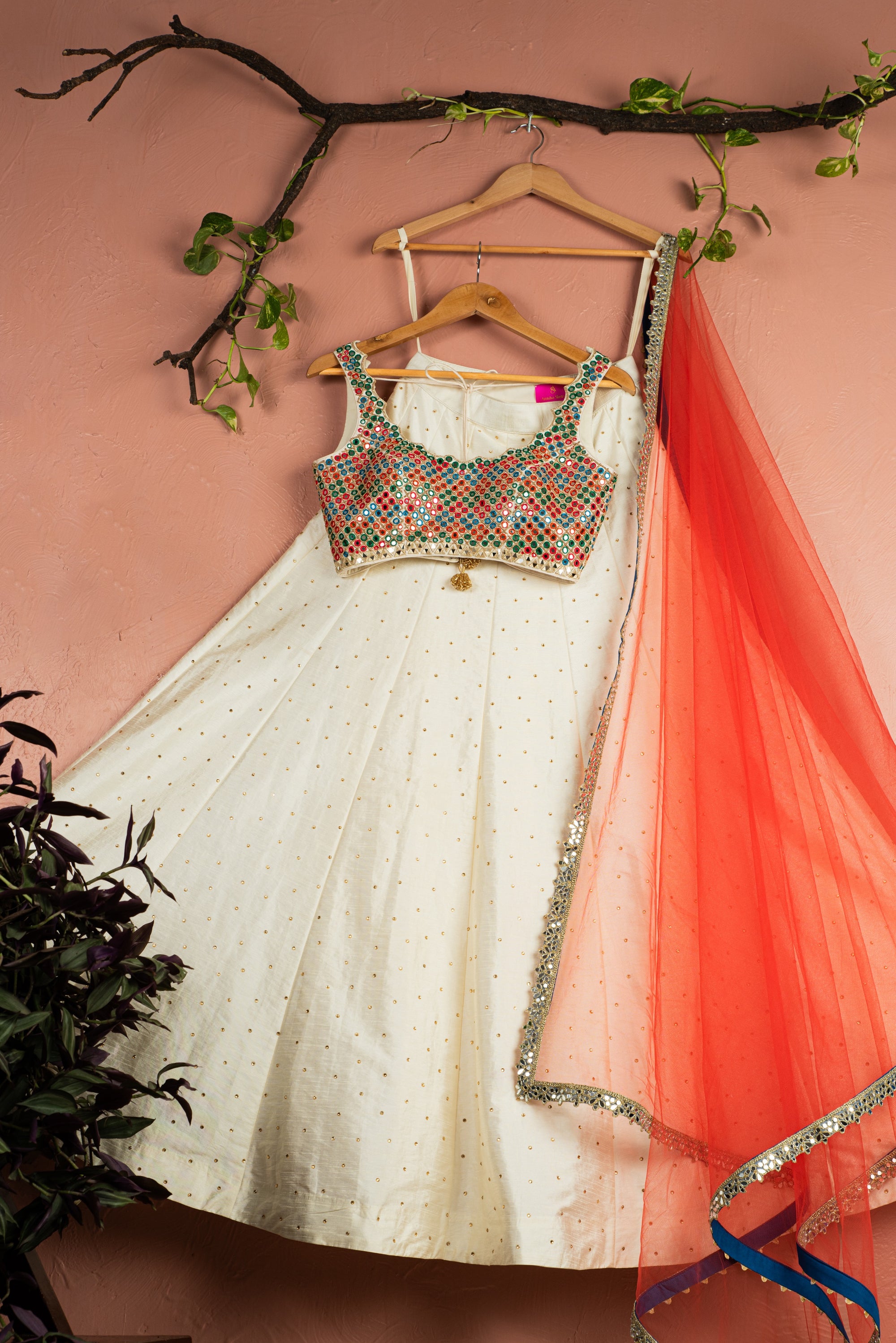 Ivory Kaleidoscope Dream Blouse with Ivory Stonework Lehenga & Red Dupatta - lehenga USA