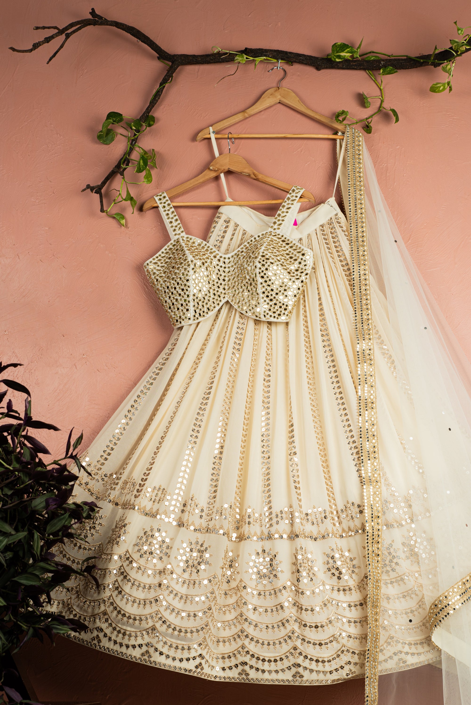 Ivory Sequin Starlight Lehenga with Ivory Mirror Blouse & Dupatta - ivory lehenga Australia