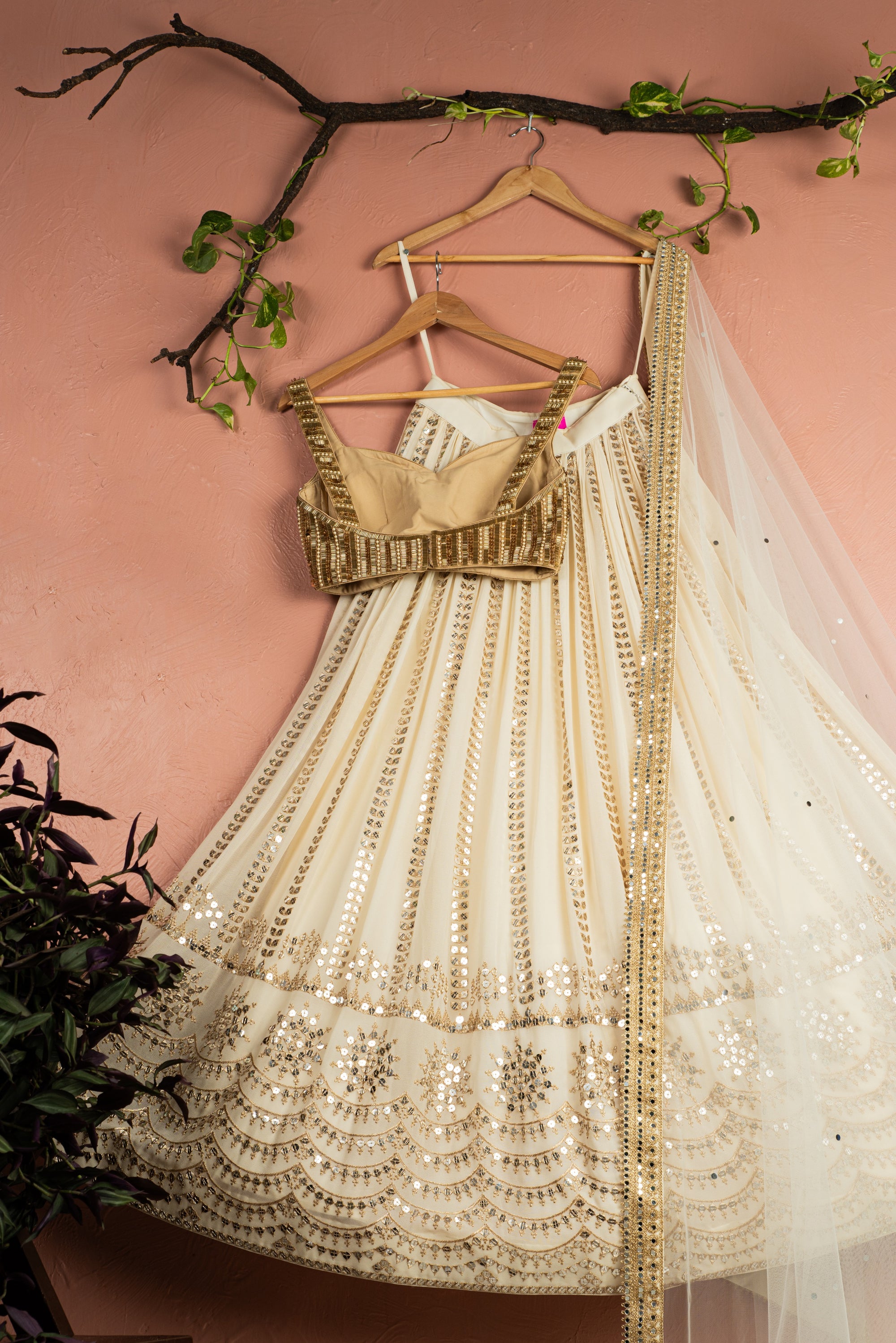 Ivory Sequin Starlight Lehenga with Gold Blouse & Ivory Dupatta - designer lehenga New Zealand