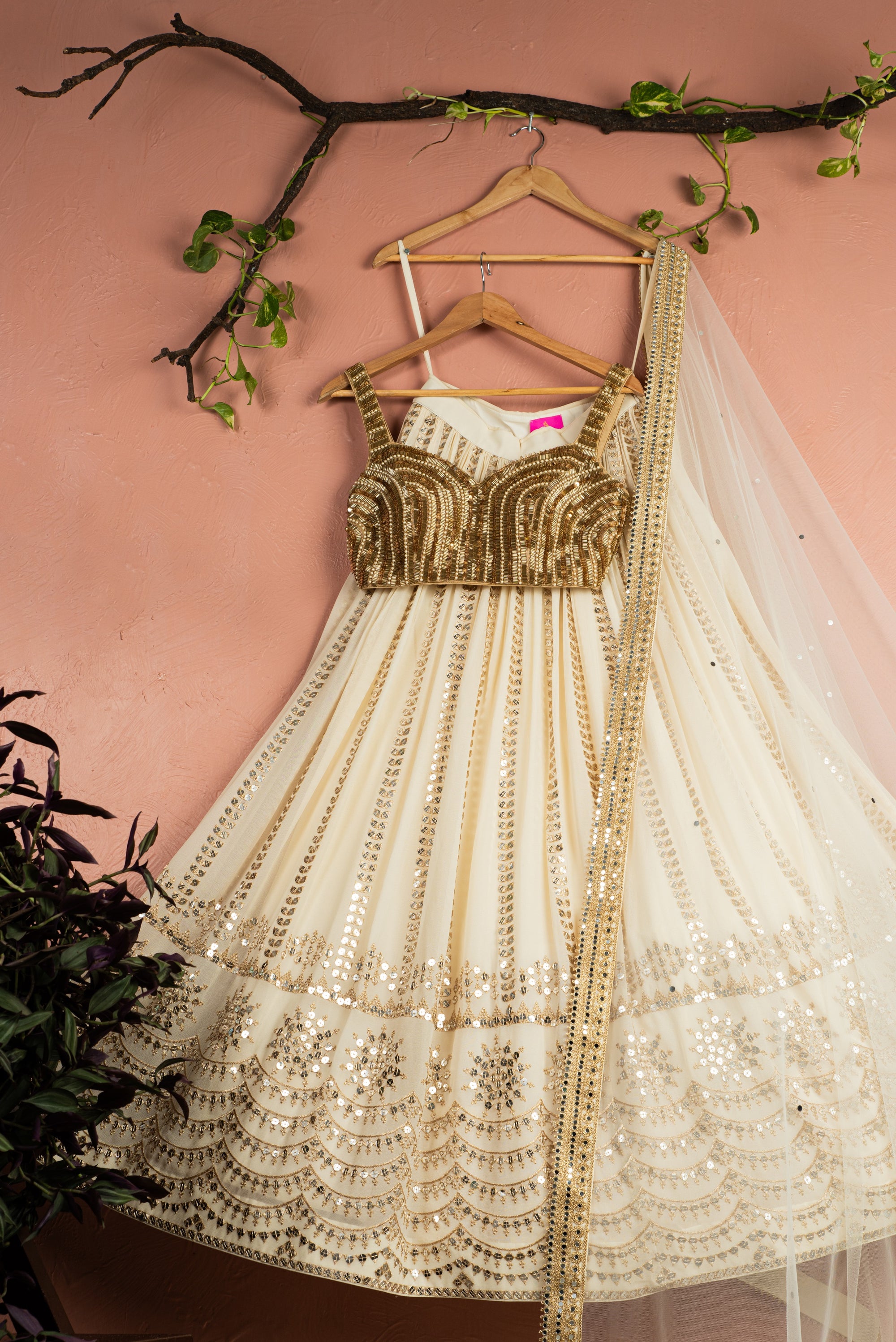 Ivory Sequin Starlight Lehenga with Gold Blouse & Ivory Dupatta - designer lehenga New Zealand