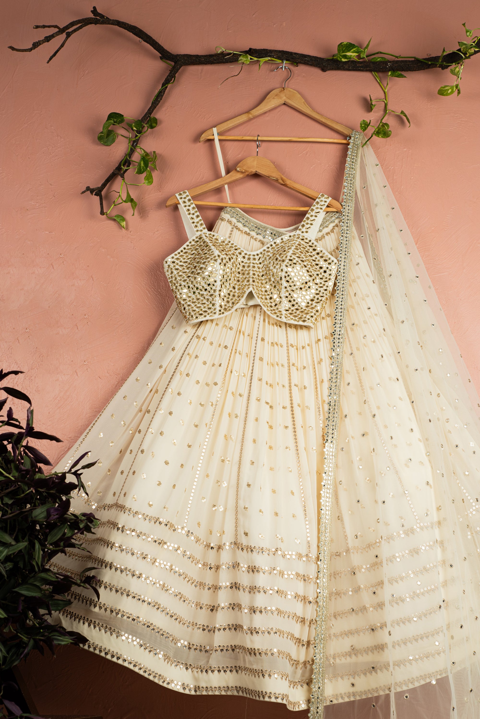 Ivory Radiant Sequin Lehenga with Mirrorwork Blouse Set - lehenga choli Canada