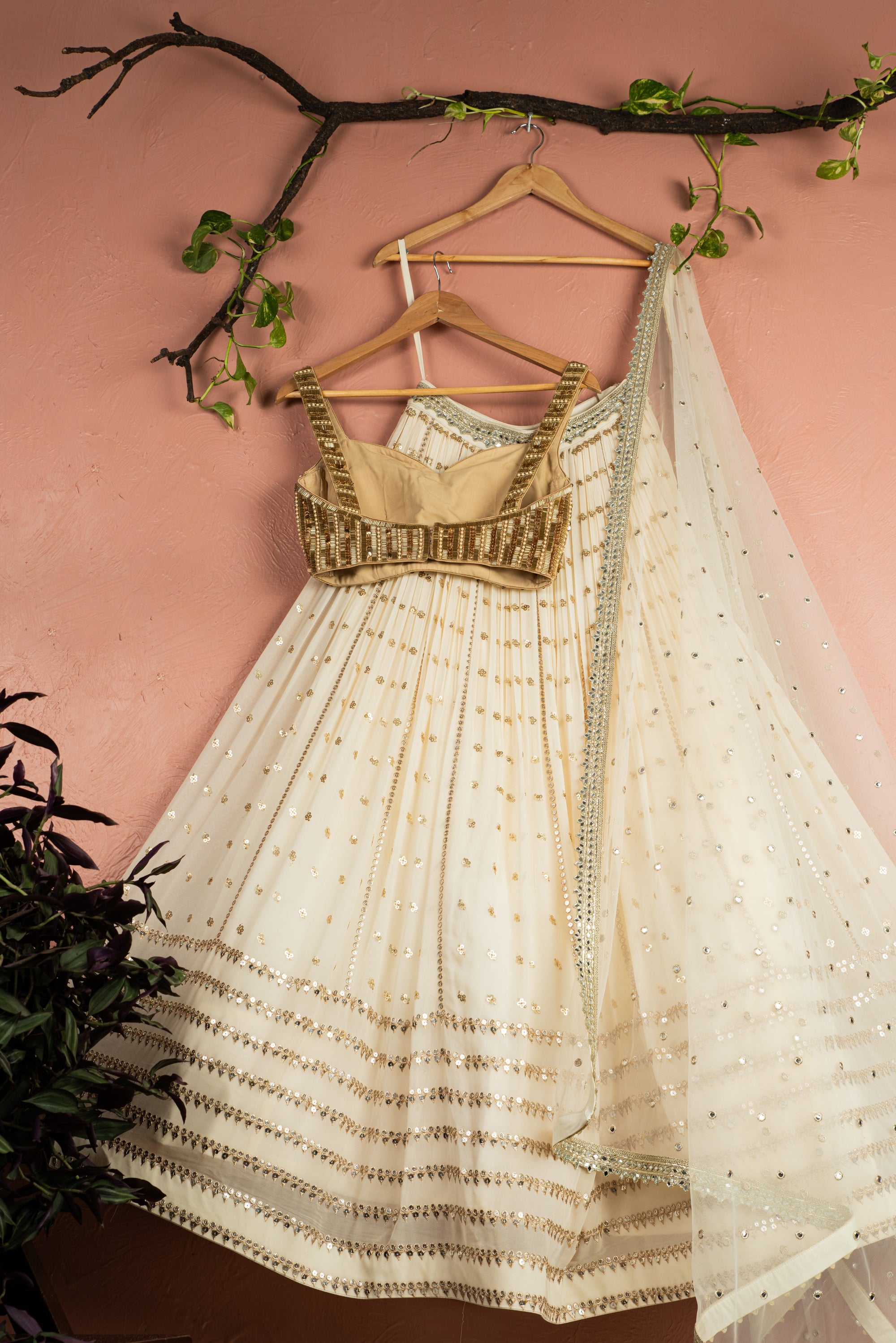 Ivory Radiant Sequin Lehenga with Gold Sequin Blouse Set - ivory lehenga USA