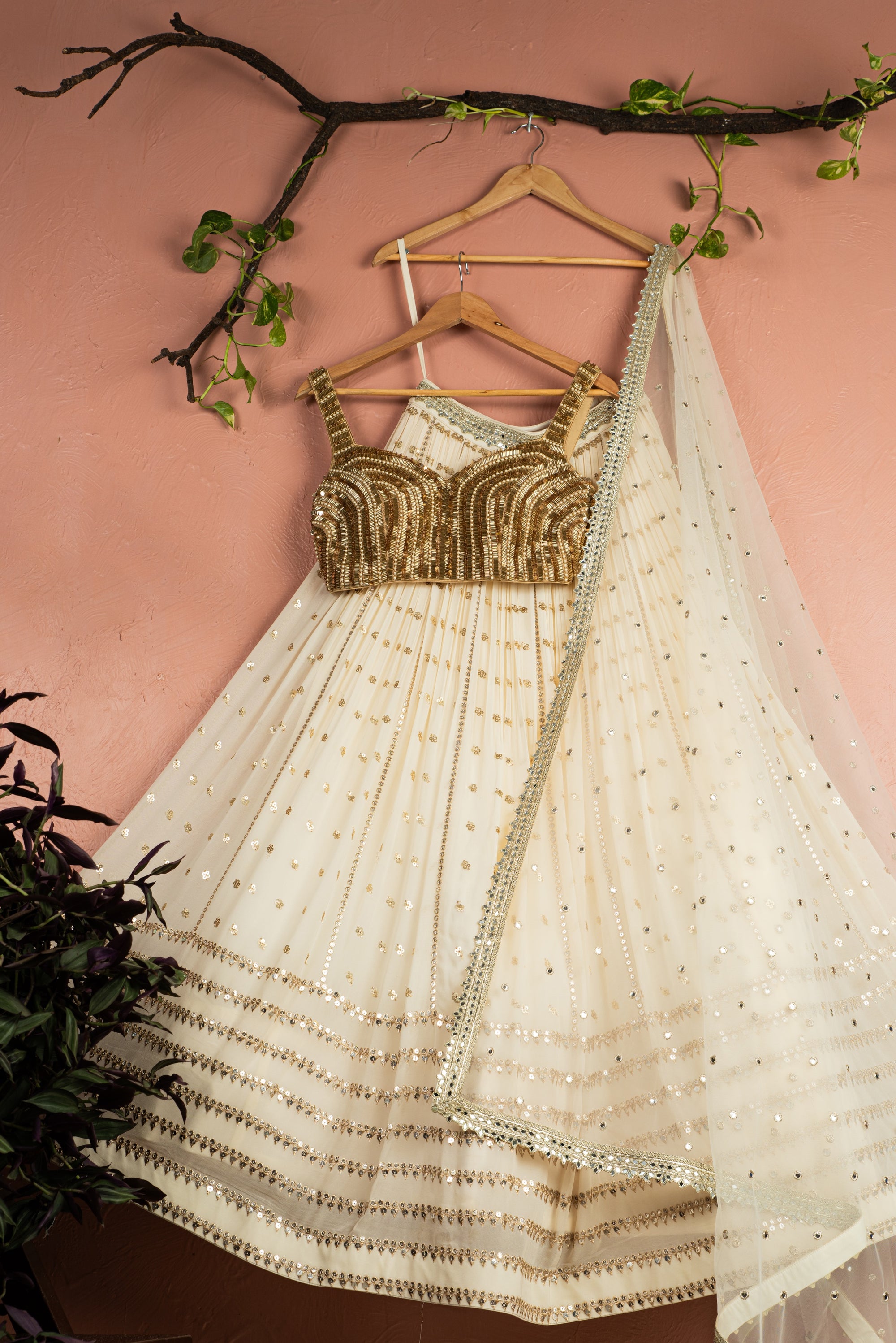 Ivory Radiant Sequin Lehenga with Gold Sequin Blouse Set - ivory lehenga USA