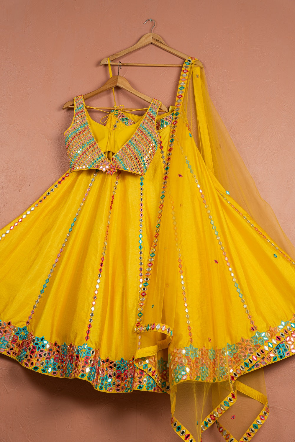 Sunshine Yellow Multicolor Thread & Mirrorwork Lehenga Set - designer lehenga designer lehenga