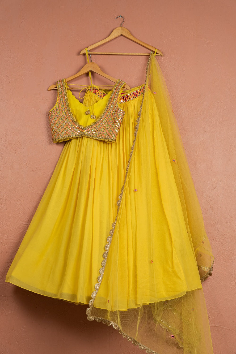 Bumblebee Yellow Lehenga with Colored Blouse - indian lehenga outfits