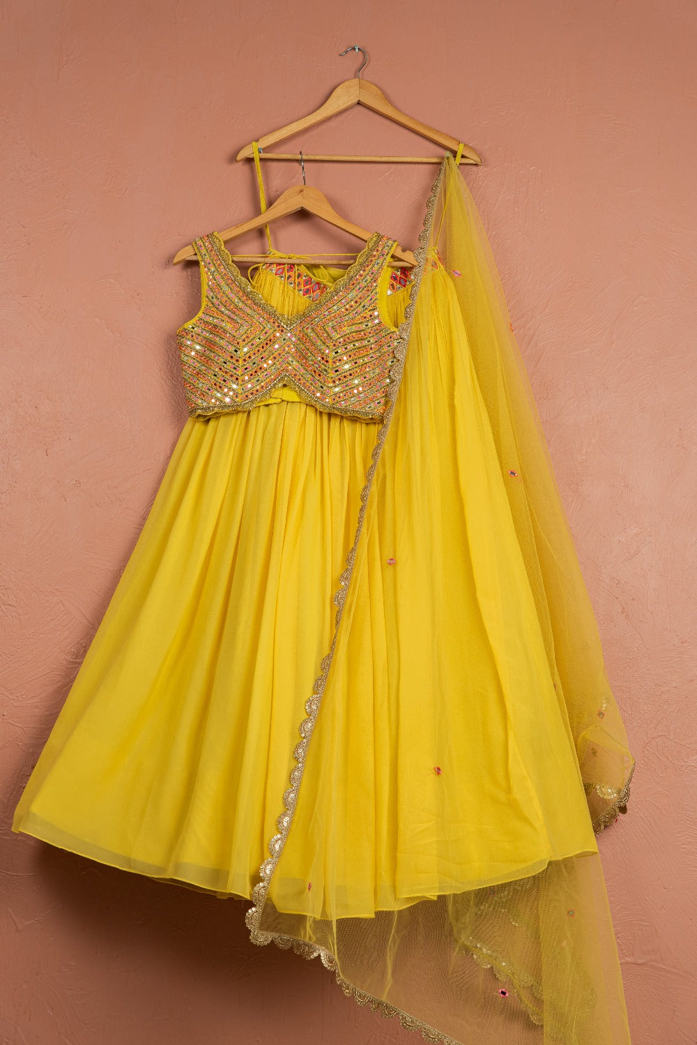 Bumblebee Yellow Lehenga with Colored Blouse - indian lehenga outfits