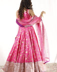 Fuchsia Pink Gold Silk Lehenga Set - lehenga outfit
