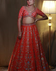 Orange Red Raw Silk Lehenga Set - bridal lehenga orange