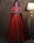 Orange Red Raw Silk Lehenga Set - bridal lehenga orange