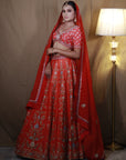 Orange Red Raw Silk Lehenga Set - bridal lehenga orange