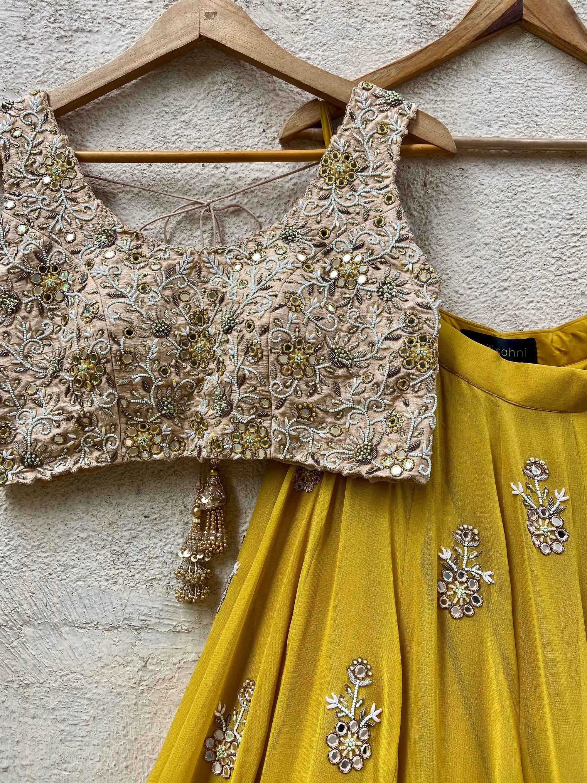 Mustard and Beige Mirror Cutwork Lehenga Set - lehenga USA