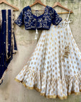 Navy Blue and Ivory Ruffle Lehenga Set - ivory lehenga USA