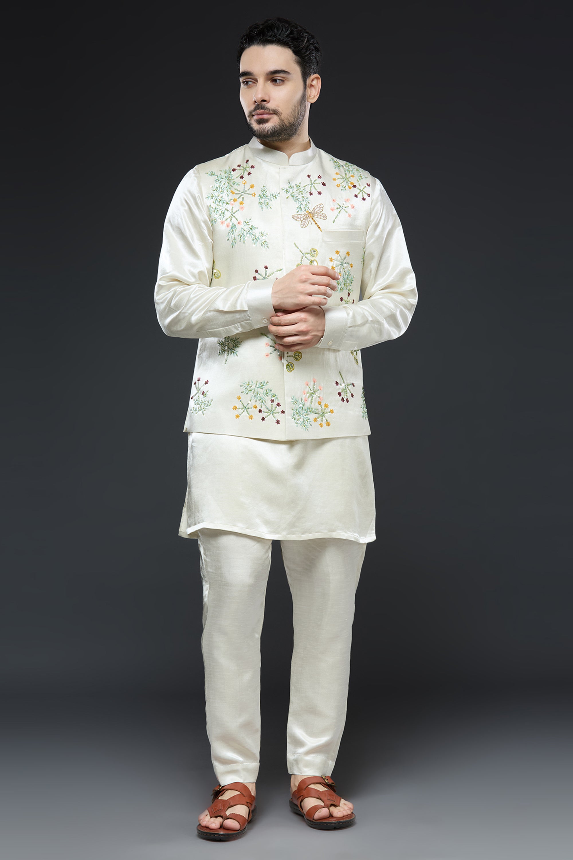Floral Hand Painted Kurta and Bundi Set