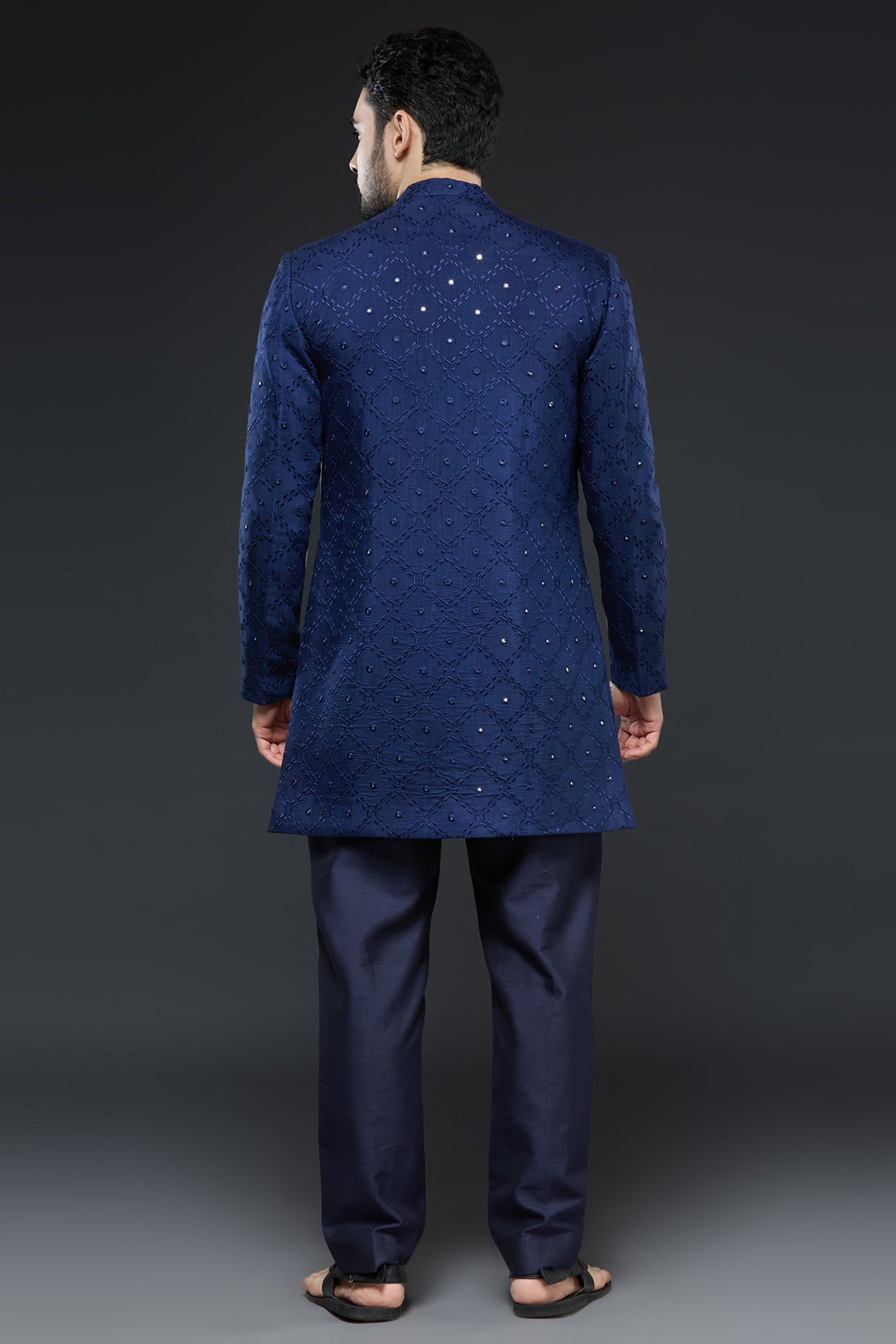 Navy Blue Art Mirror and Thread work Sherwani - Groom Dress