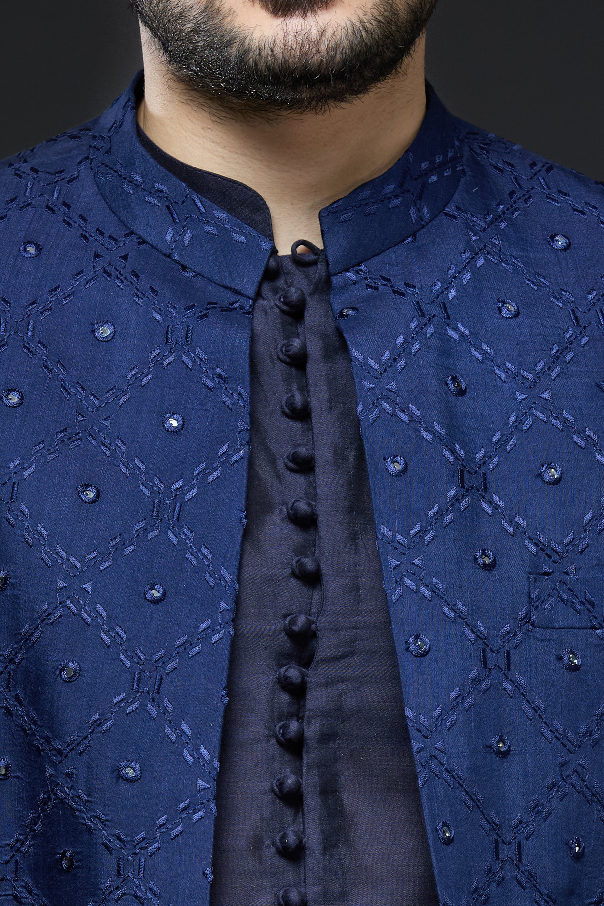 Navy Blue Art Mirror and Thread work Sherwani