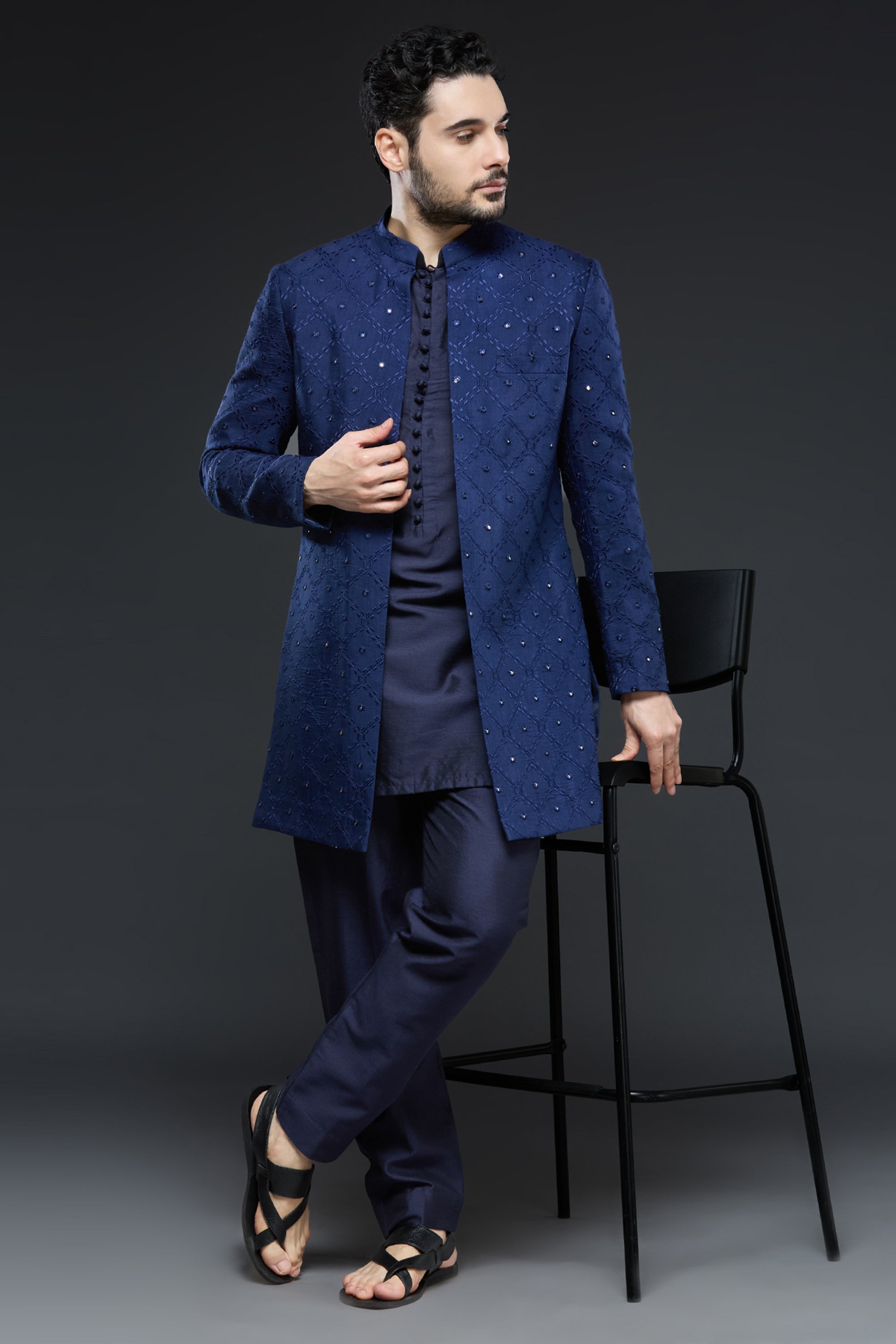 Navy Blue Art Mirror and Thread work Sherwani - Waliajones
