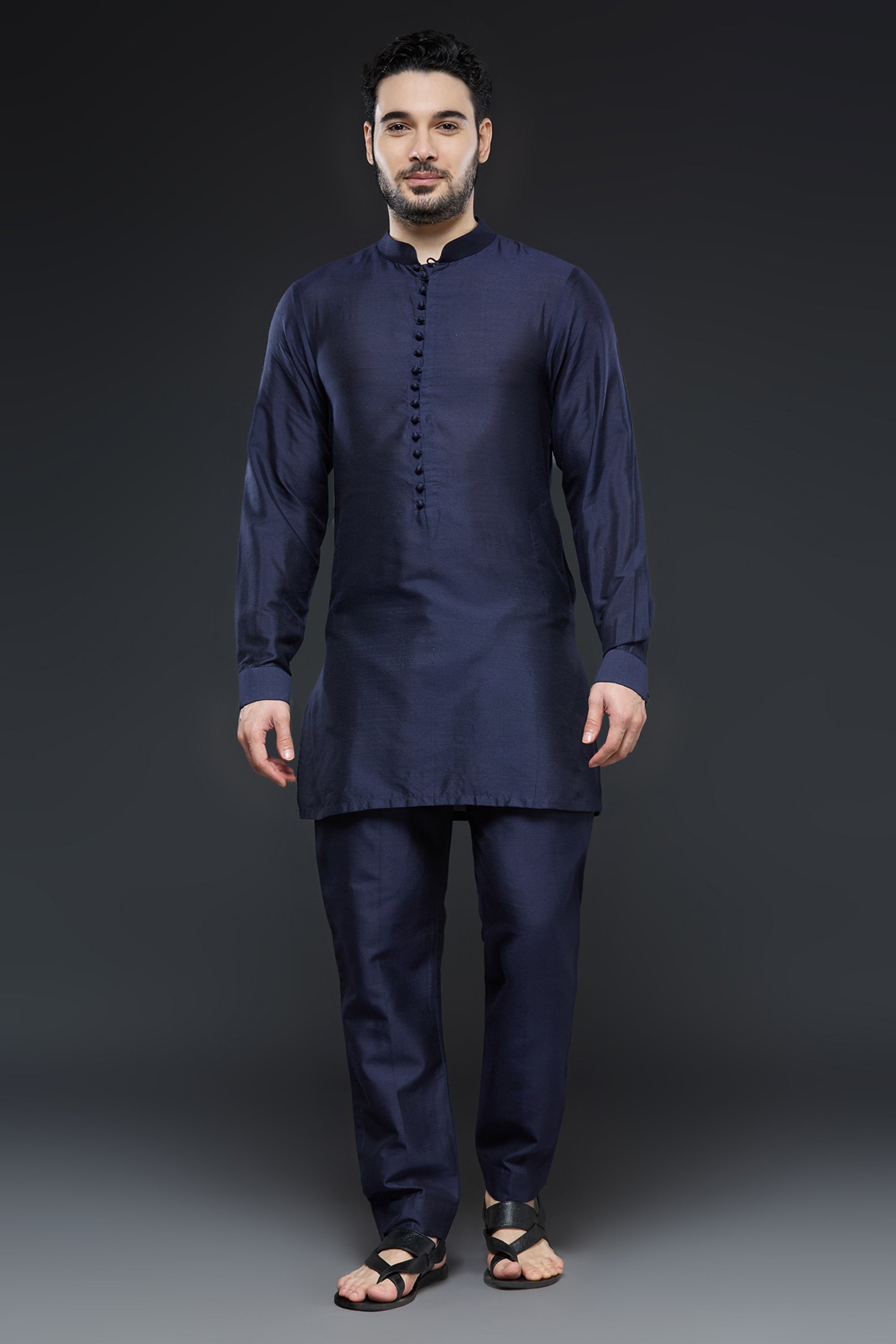 Navy Blue Art Mirror and Thread work Sherwani - kurta and pants