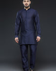 Navy Blue Art Mirror and Thread work Sherwani - kurta and pants