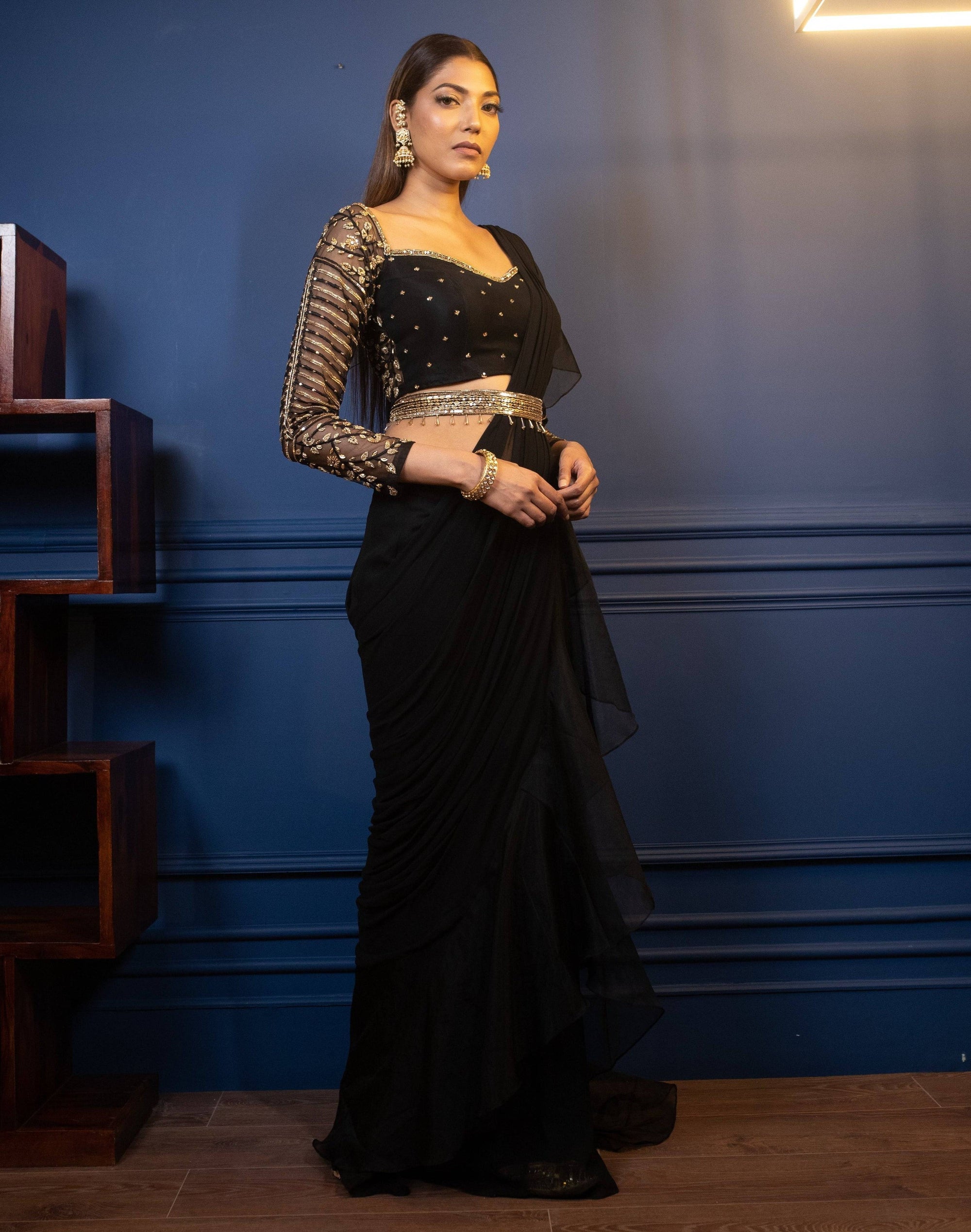 Night Tulip Ruffle Saree - saree Canada