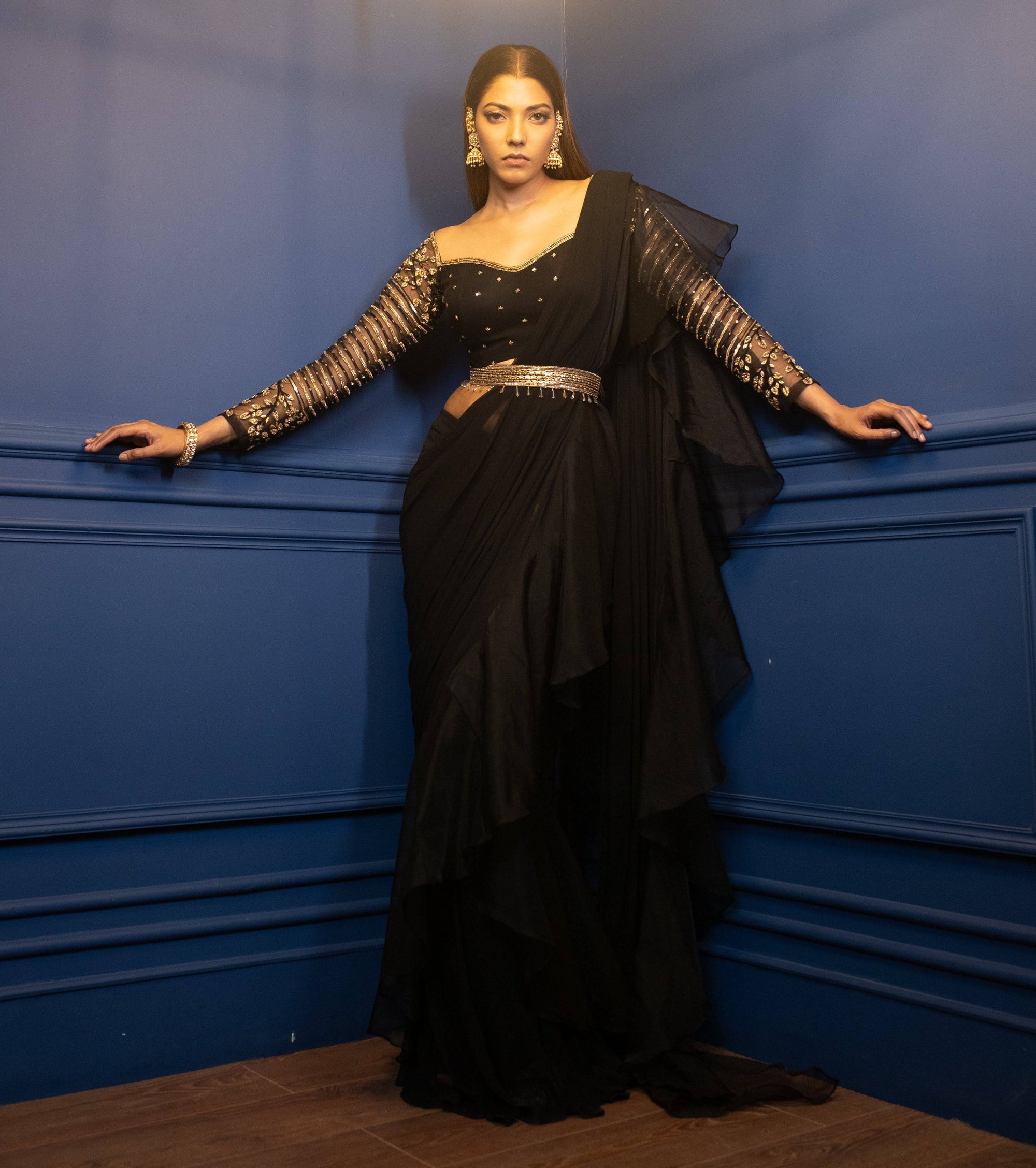 Night Tulip Ruffle Saree - saree Canada