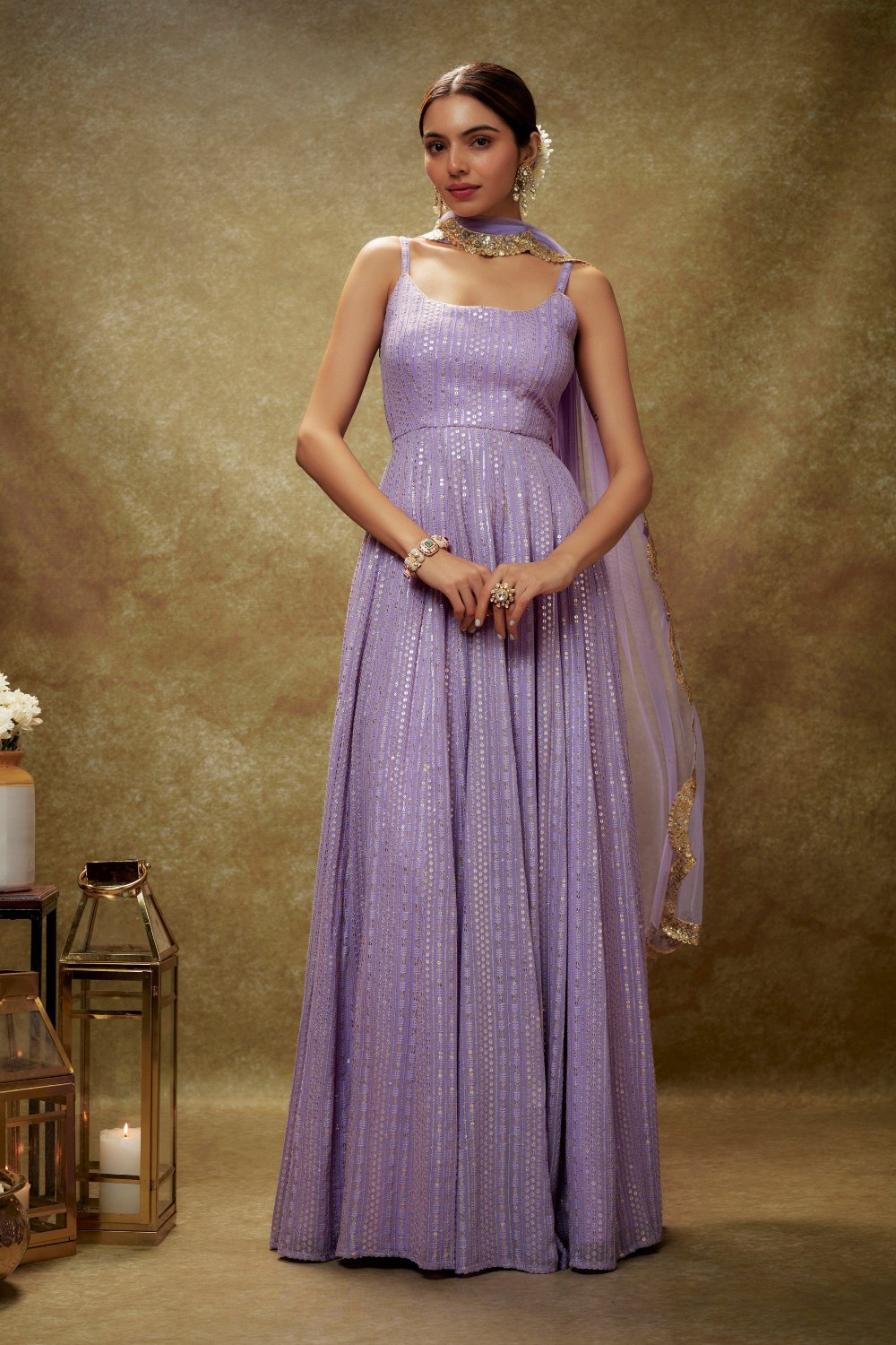 Lavender and Gold Sequin Anarkali Gown