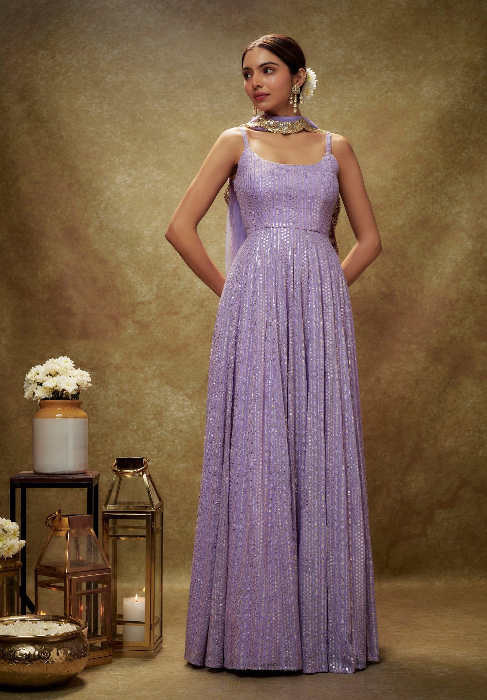 Lavender and Gold Sequin Anarkali Gown - purple dress