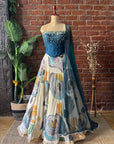 Off White and Blue Corset Lehenga Set - Ghagra choli