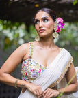 Ivory Pre-Stitched Ruffle Saree with Multi-Hued Embroidered Blouse - indian designer wear