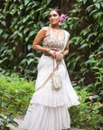 Ivory Pre-Stitched Ruffle Saree with Multi-Hued Embroidered Blouse - indian designer wear