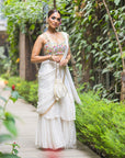 Ivory Pre-Stitched Ruffle Saree with Multi-Hued Embroidered Blouse - indian designer wear