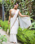 Ivory Pre-Stitched Ruffle Saree with Multi-Hued Embroidered Blouse - indian designer wear