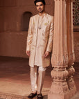 Bageecha Beige Hand Painted Open Sherwani Set - groom sherwani