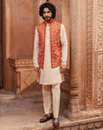 Rust Floral Nehru Jacket Set - men's clothing