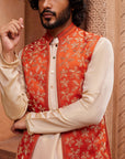 Rust Floral Nehru Jacket Set - men's clothing