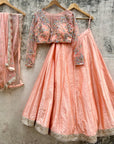 Peach Mirror and Thread Work Lehenga Set - mirror work lehenga Australia
