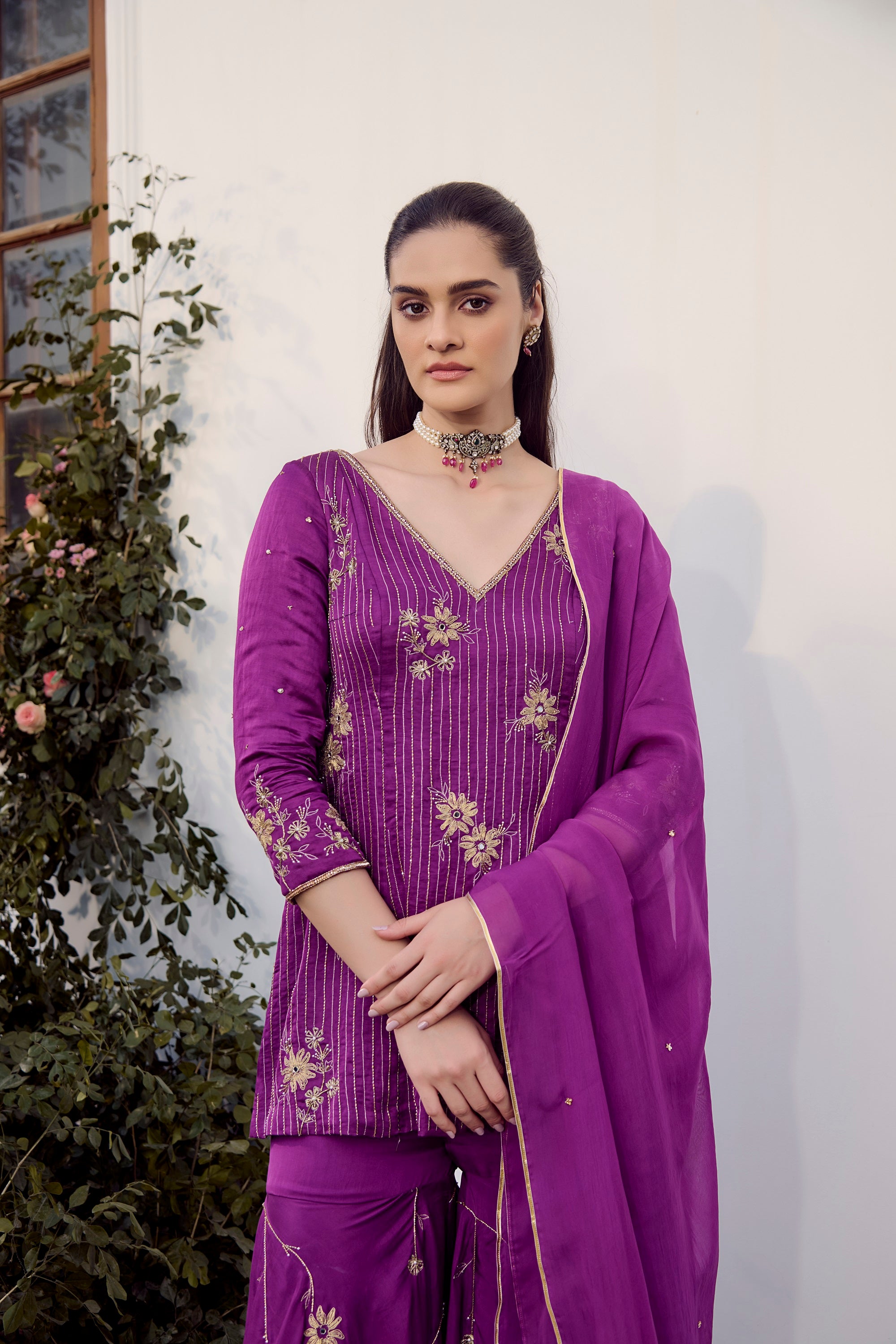 Plum Embroidered Sharara Set
