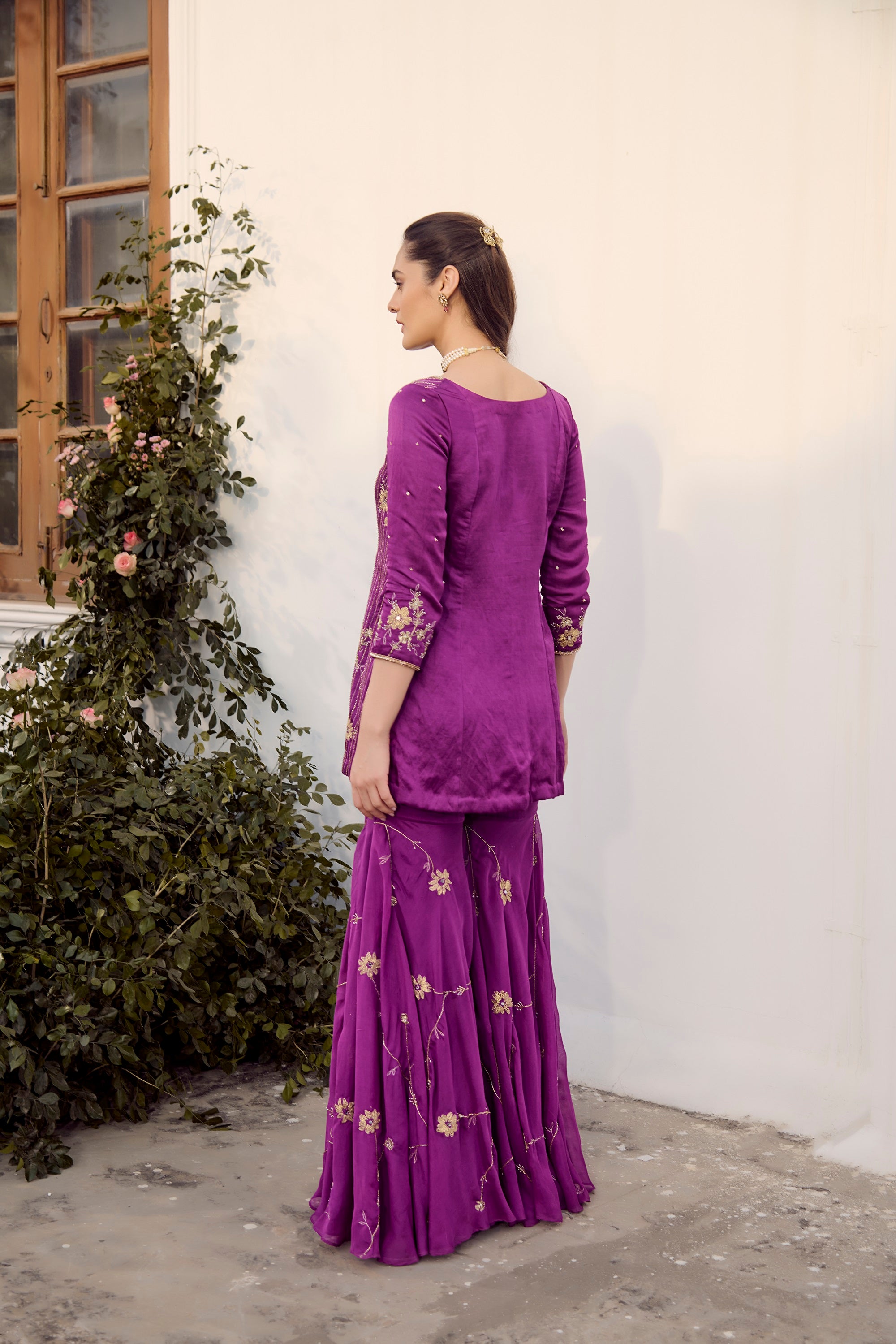 Plum Embroidered Sharara Set