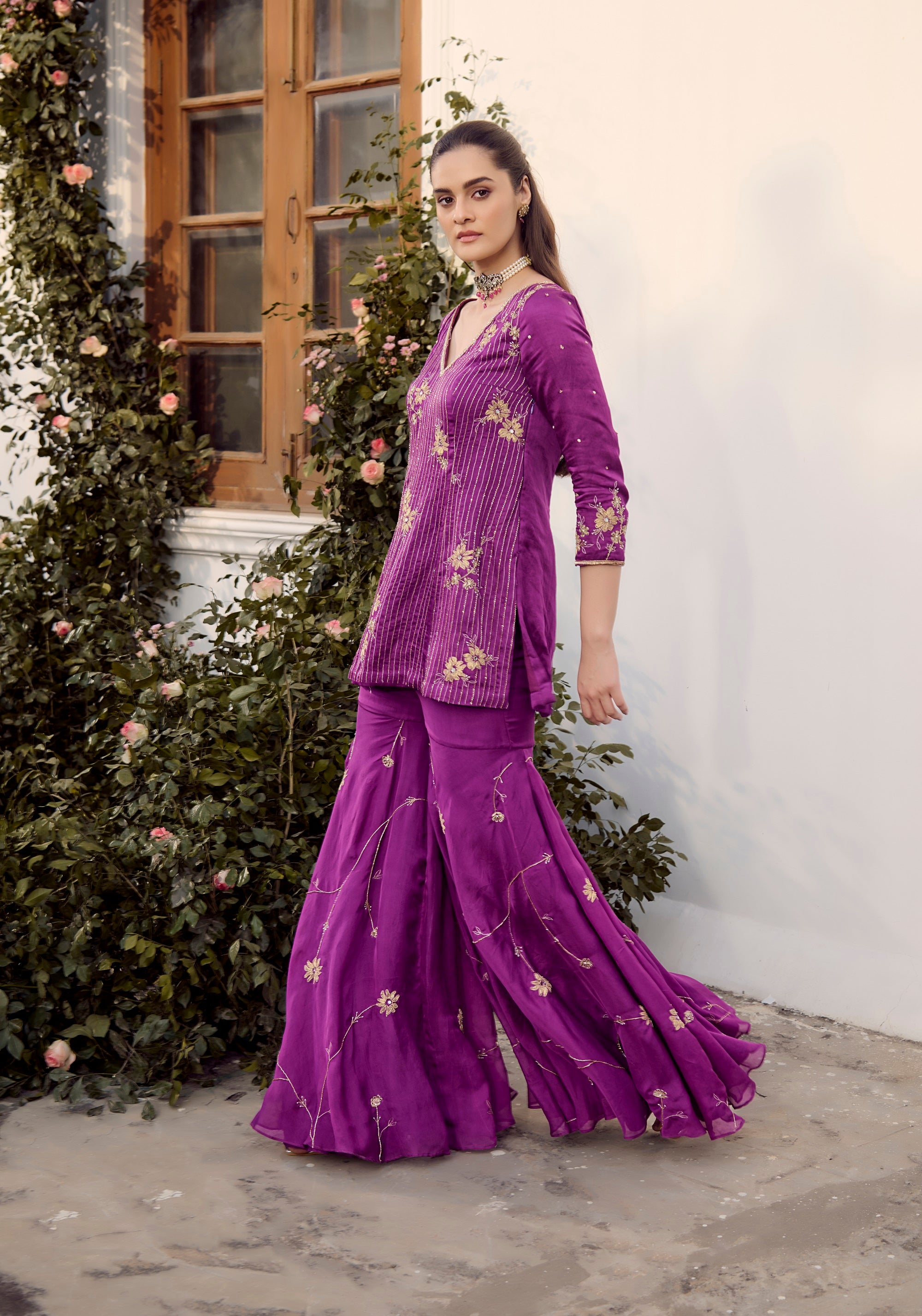 Plum Embroidered Sharara Set