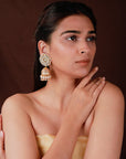 Gold Plated White Bridal Necklace with Jhumki Set - bridal jewelry set