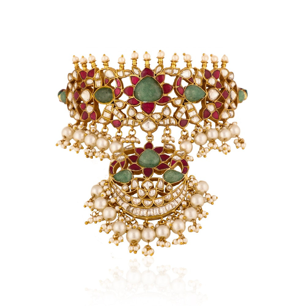 Gold Finish Pink and Green Jadau Choker Set - indian jewelry Sydney
