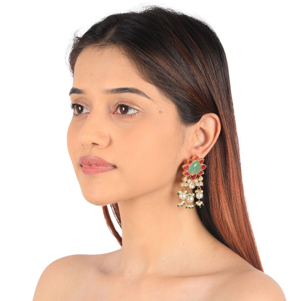 Gold Finish Pink and Green Jadau Choker Set - jadau kundan jewellery