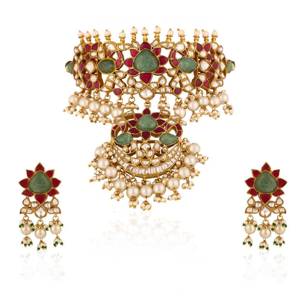 Gold Finish Pink and Green Jadau Choker Set - indian jewelry Sydney