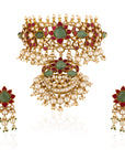 Gold Finish Pink and Green Jadau Choker Set - indian jewelry Sydney