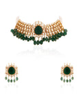 Emerald Green Beads And White Stone Pure Silver Choker Set - indian jewelry Canada
