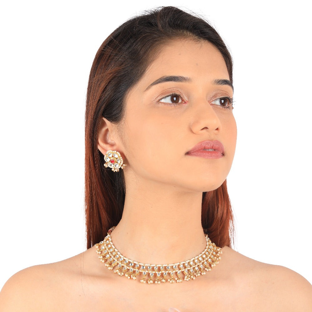 White Hangings Choker Set with Floral Studs - indian choker sets